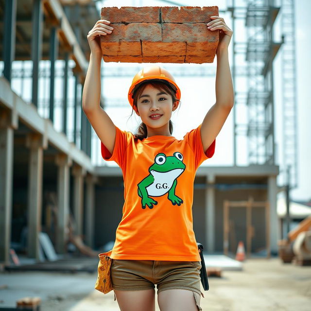 A beautiful Korean woman working as a construction worker, wearing an orange t-shirt featuring a frog design with the letters G, G, paired with shorts and work boots