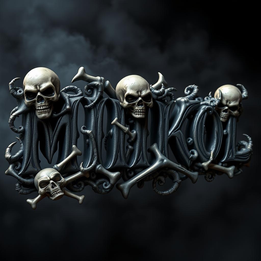 The word 'MIIKOL' styled with intricate 3D designs featuring skulls and bones surrounding and incorporated within the letters