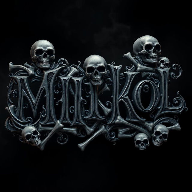 The word 'MIIKOL' styled with intricate 3D designs featuring skulls and bones surrounding and incorporated within the letters