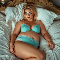 A beautiful, athletic, voluptuous 18-year-old girl with a thin face and stunning blonde hair, peacefully sleeping under the sheets on an elegant Victorian bed