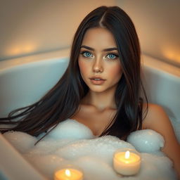 A realistic portrait of a girl with striking blue eyes and long, silky black hair, lounging in a luxurious bathtub filled with bubbles