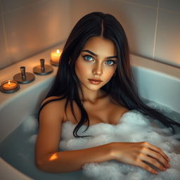 A realistic portrait of a girl with striking blue eyes and long, silky black hair, lounging in a luxurious bathtub filled with bubbles