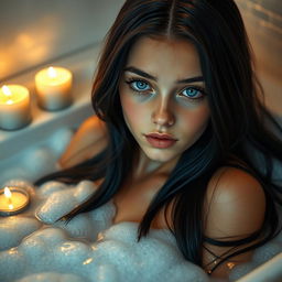 A realistic portrait of a girl with striking blue eyes and long, silky black hair, lounging in a luxurious bathtub filled with bubbles