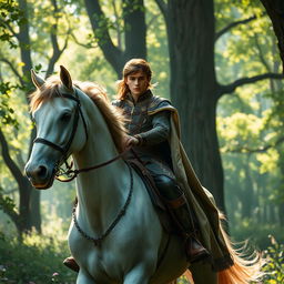 A brown-haired prince riding a majestic white horse, journeying into a lush green forest filled with towering trees, dappled sunlight filtering through the leaves, a sense of adventure in the air