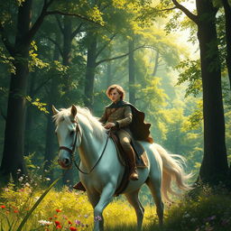 A brown-haired prince riding a majestic white horse, journeying into a lush green forest filled with towering trees, dappled sunlight filtering through the leaves, a sense of adventure in the air