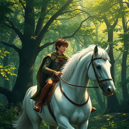 A brown-haired prince riding a majestic white horse, journeying into a lush green forest filled with towering trees, dappled sunlight filtering through the leaves, a sense of adventure in the air
