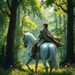 A brown-haired prince riding a majestic white horse, journeying into a lush green forest filled with towering trees, dappled sunlight filtering through the leaves, a sense of adventure in the air