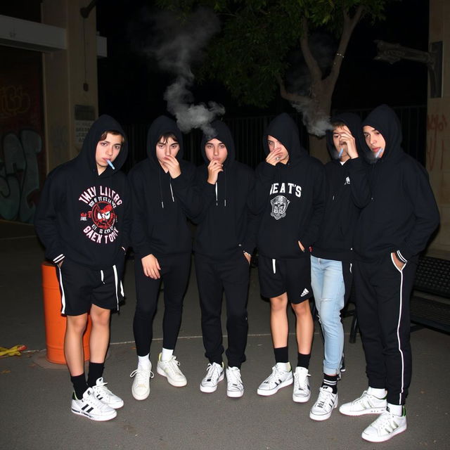 A group of six teenagers dressed in black clothing with white sneakers, casually smoking together