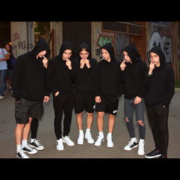 A group of six teenagers dressed in black clothing with white sneakers, casually smoking together