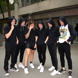 A group of six teenagers dressed in black clothing with white sneakers, casually smoking together