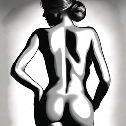 A tastefully done, high-quality digital art image that focuses on the curves and contours of a woman's figure from behind