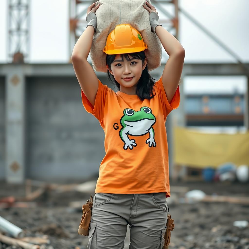 A beautiful Korean woman working as a construction worker, wearing an orange t-shirt featuring a frog graphic with the letters G,G, paired with short pants, and sturdy boots