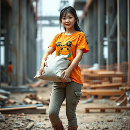 A beautiful Korean woman working as a construction worker, wearing an orange t-shirt featuring a frog graphic with the letters G,G, paired with short pants, and sturdy boots