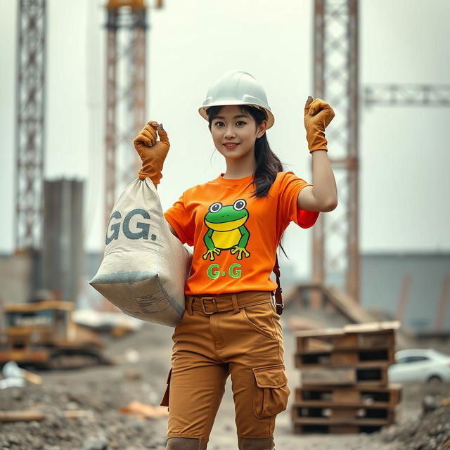 A beautiful Korean woman working as a construction worker, wearing an orange t-shirt featuring a frog graphic with the letters G,G, paired with short pants, and sturdy boots