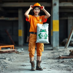 A beautiful Korean woman working as a construction worker, wearing an orange t-shirt featuring a frog graphic with the letters G,G, paired with short pants, and sturdy boots