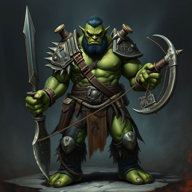 An evil green-skinned orc veteran, battle-hardened and fierce, standing with a menacing expression