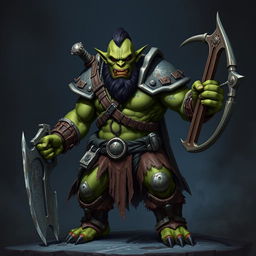 An evil green-skinned orc veteran, battle-hardened and fierce, standing with a menacing expression