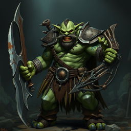 An evil green-skinned orc veteran, battle-hardened and fierce, standing with a menacing expression