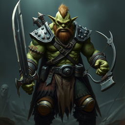 An evil green-skinned orc veteran, battle-hardened and fierce, standing with a menacing expression