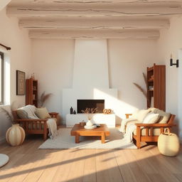 A realistic interior view of a living room designed in a rustic style, featuring white walls