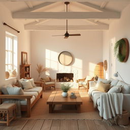 A realistic interior view of a living room designed in a rustic style, featuring white walls