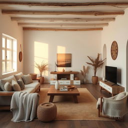 A realistic interior view of a living room designed in a rustic style, featuring white walls