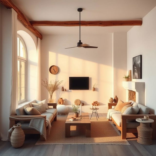 A realistic interior view of a living room designed in a rustic style, featuring white walls