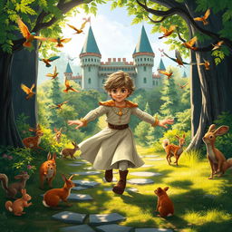 A young prince dressed in a flowing royal outfit, with tousled hair, energetically running out of an enchanting castle towards a vibrant forest