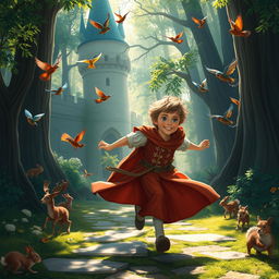 A young prince dressed in a flowing royal outfit, with tousled hair, energetically running out of an enchanting castle towards a vibrant forest