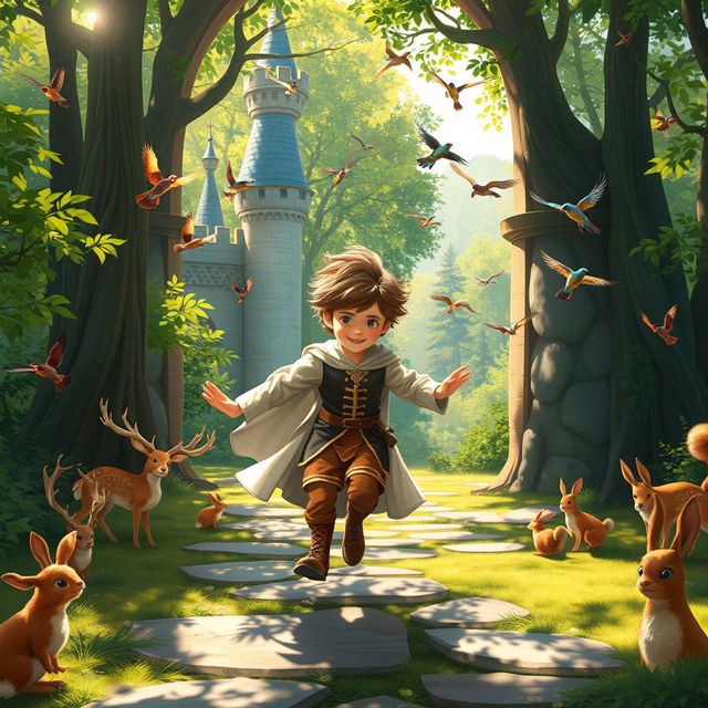 A young prince dressed in a flowing royal outfit, with tousled hair, energetically running out of an enchanting castle towards a vibrant forest