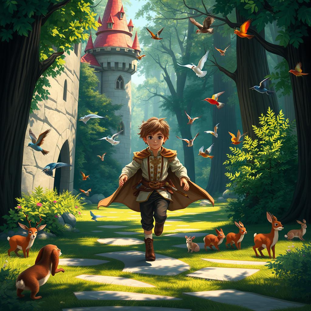 A young prince dressed in a flowing royal outfit, with tousled hair, energetically running out of an enchanting castle towards a vibrant forest