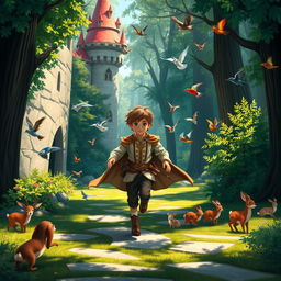 A young prince dressed in a flowing royal outfit, with tousled hair, energetically running out of an enchanting castle towards a vibrant forest