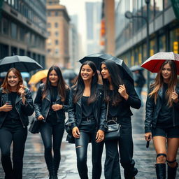 A group of teenagers wearing stylish black outfits, walking together in a rainy atmosphere
