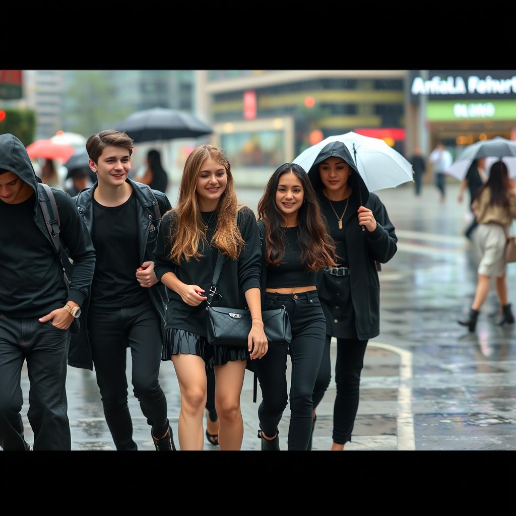 A group of teenagers wearing stylish black outfits, walking together in a rainy atmosphere