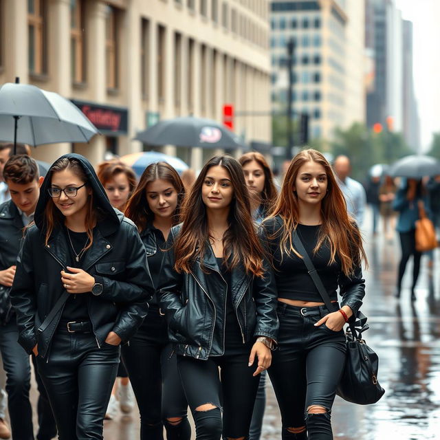 A group of teenagers wearing stylish black outfits, walking together in a rainy atmosphere