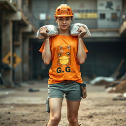 A beautiful Korean woman working as a construction worker, wearing an orange t-shirt with a frog graphic and the letters G,G, paired with shorts and boots