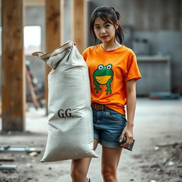 A beautiful Korean woman working as a construction worker, wearing an orange t-shirt with a frog graphic and the letters G,G, paired with shorts and boots