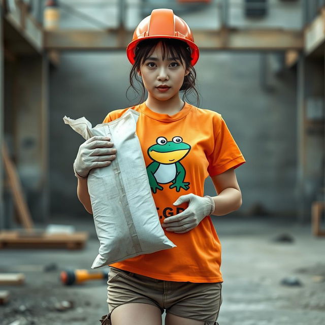 A beautiful Korean woman working as a construction worker, wearing an orange t-shirt with a frog graphic and the letters G,G, paired with shorts and boots