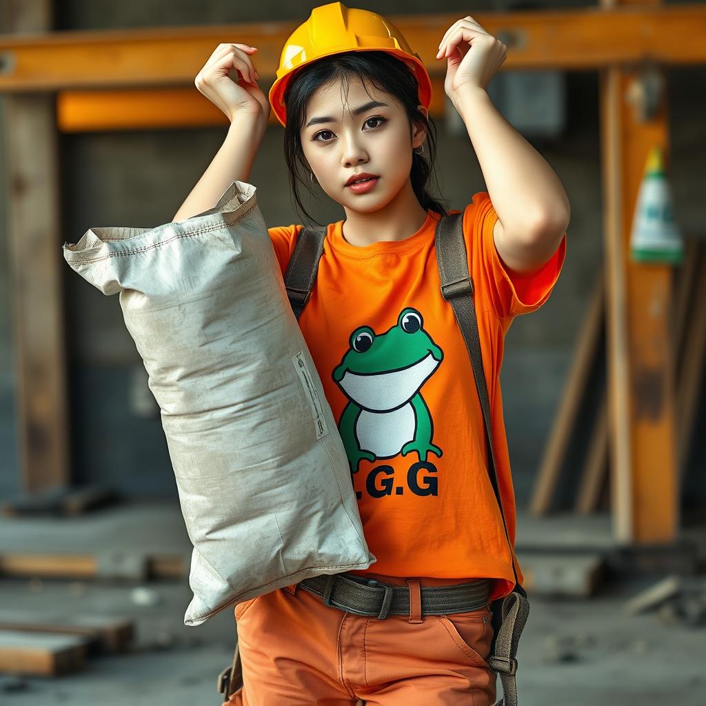 A beautiful Korean woman working as a construction worker, wearing an orange t-shirt with a frog graphic and the letters G,G, paired with shorts and boots