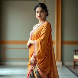 A beautiful woman elegantly dressed in an intricate blouse and a flowing saree skirt