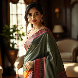 A beautiful woman elegantly dressed in an intricate blouse and a flowing saree skirt