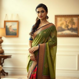 A beautiful woman elegantly dressed in an intricate blouse and a flowing saree skirt
