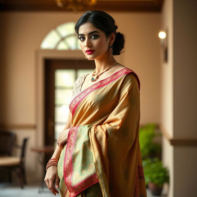 A beautiful woman elegantly dressed in an intricate blouse and a flowing saree skirt