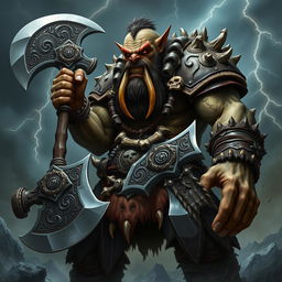 An evil orc warrior, towering and imposing, wielding a massive great axe with intricate designs on the blade