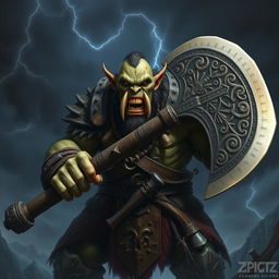 An evil orc warrior, towering and imposing, wielding a massive great axe with intricate designs on the blade