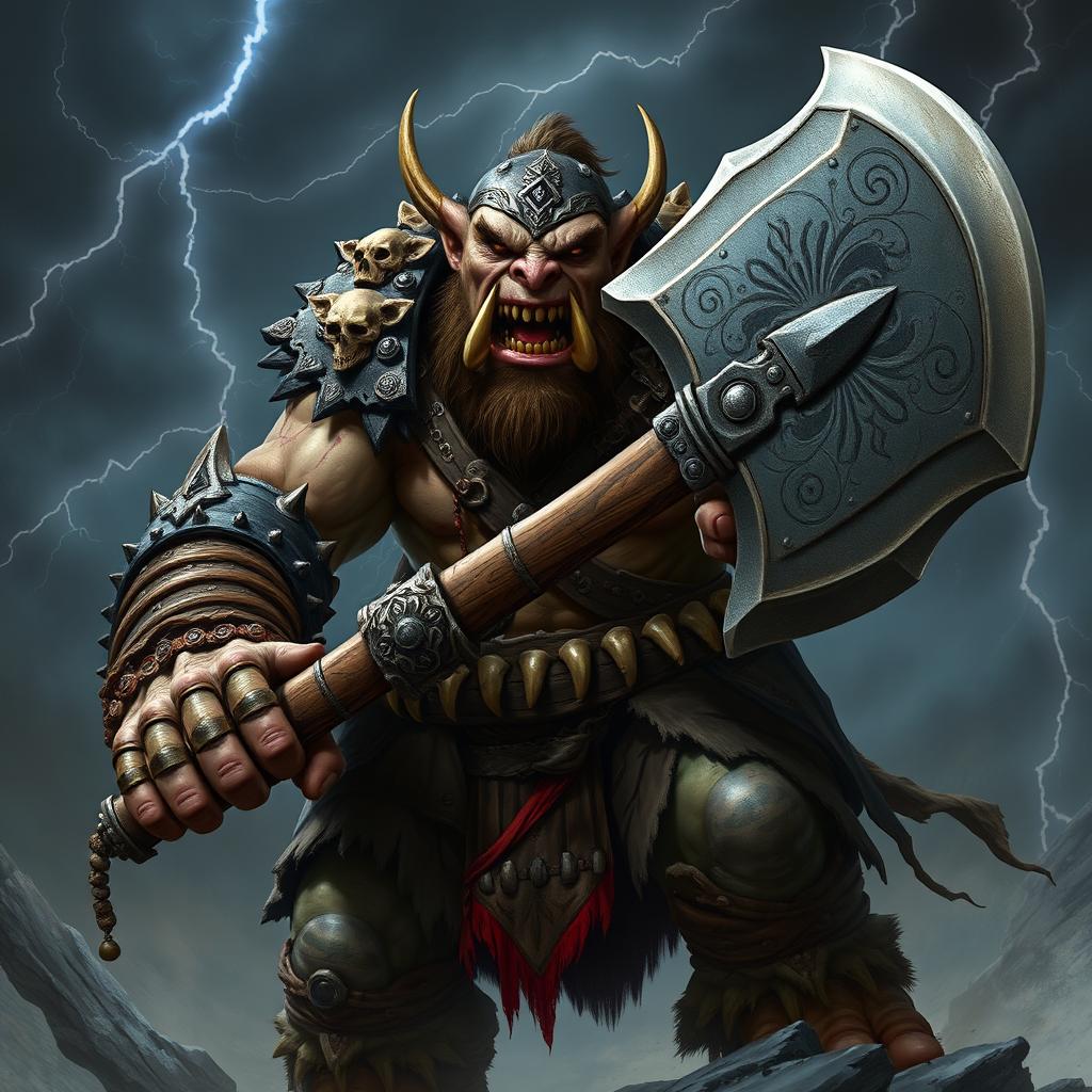 An evil orc warrior, towering and imposing, wielding a massive great axe with intricate designs on the blade