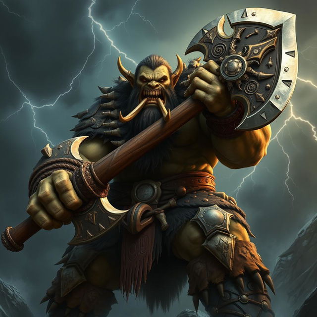 An evil orc warrior, towering and imposing, wielding a massive great axe with intricate designs on the blade