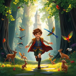 A brown-haired prince escaping from a grand castle, running joyfully towards a lush forest filled with vibrant wild birds and animals