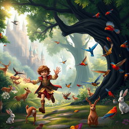 A brown-haired prince escaping from a grand castle, running joyfully towards a lush forest filled with vibrant wild birds and animals