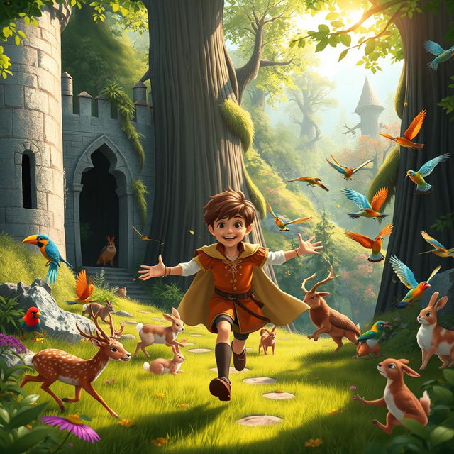 A brown-haired prince escaping from a grand castle, running joyfully towards a lush forest filled with vibrant wild birds and animals
